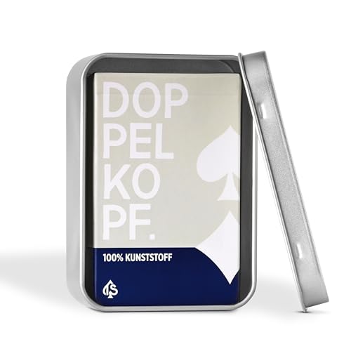 Set: Doppelkopf Spielkarten 100% Kunststoff (Plastik +) französisches Bild + Spielkarten Box aus Metall